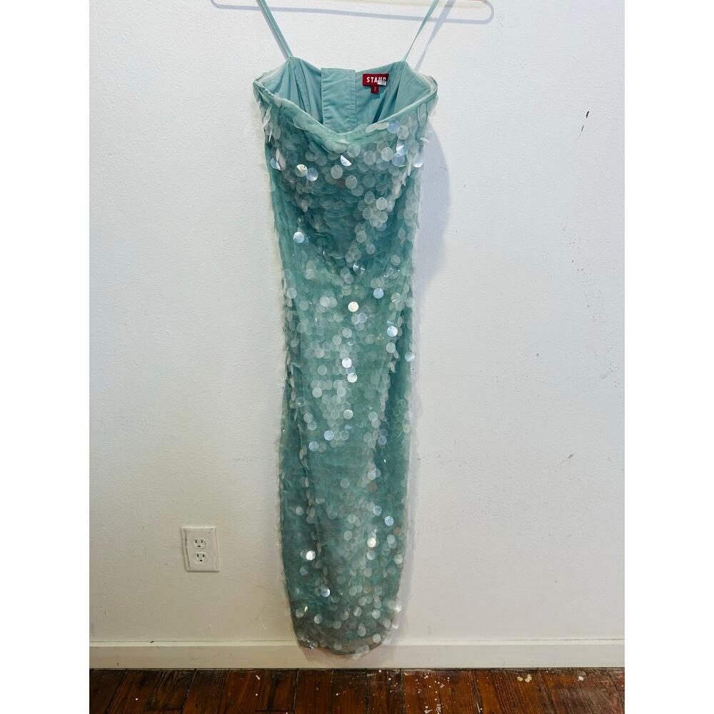 STAUD Seafoam Green Shimmering Sequined Strapless Casey Midi Gown size 2 - Picture 2 of 16